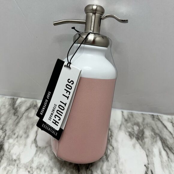 NWT Soft touch stoneware pink/mauve with white modern essentials soap dispenser - Picture 4 of 6
